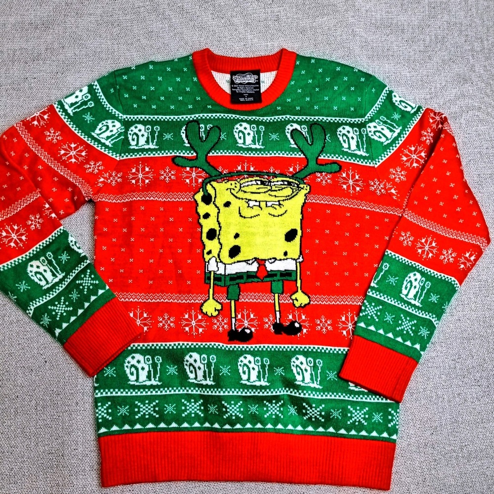 SpongeBob SquarePants Ugly Christmas Sweater Mens Small Red Green Excellent Knit